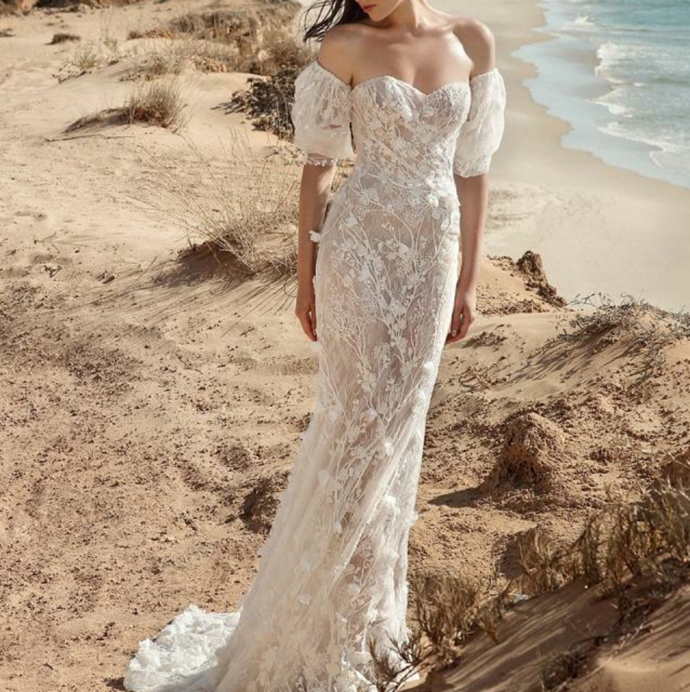 Galia Lahav Couture Wedding Dress White Sheath Trumpet Lace Floral Gown